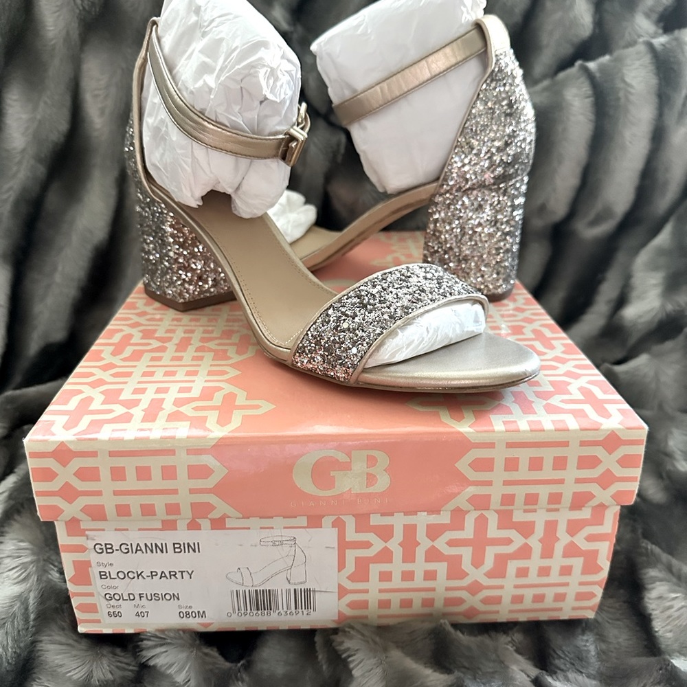 GB Multicolored metallic chunky heel dress sandal.